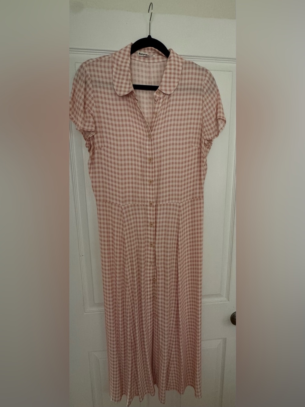 Reformation Pink Gingham Button-Front Midi Dress